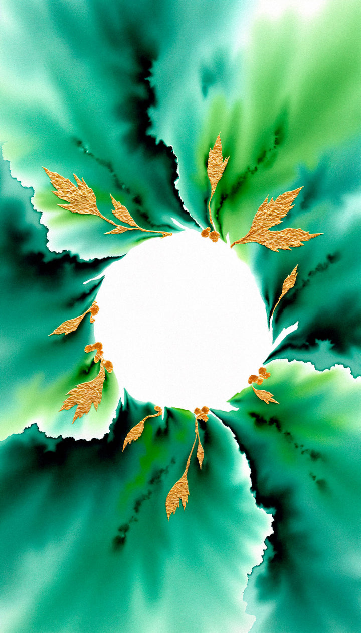 Wadi Home abstract botanical framed wall art with emerald green watercolor design and gold leaf accents above a sofa.