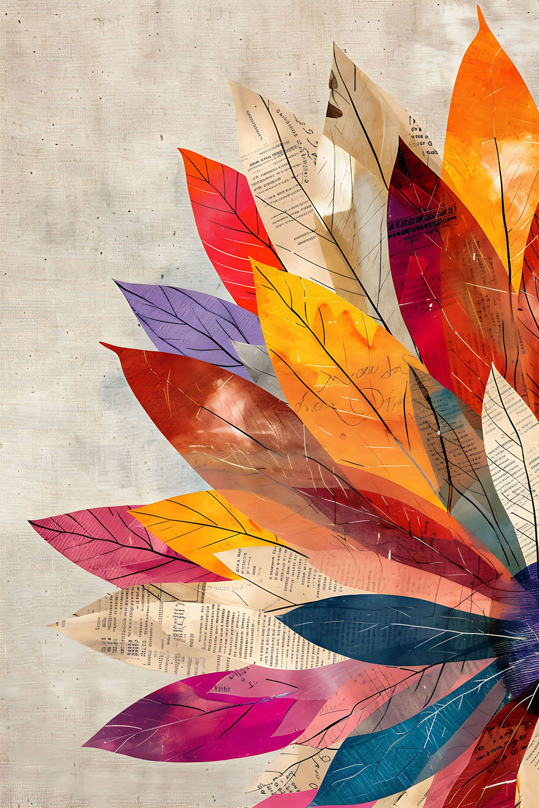 Wadi Home abstract botanical leaf wall art print with vibrant orange, red, and blue foliage on a textured background.