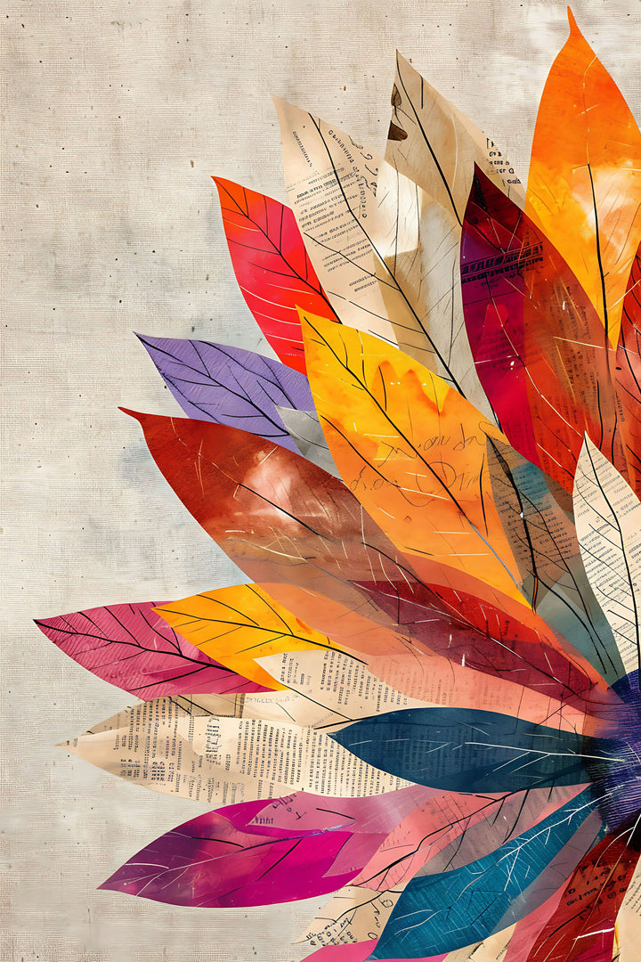 Wadi Home abstract botanical leaf wall art print with vibrant orange, red, and blue foliage on a textured background.