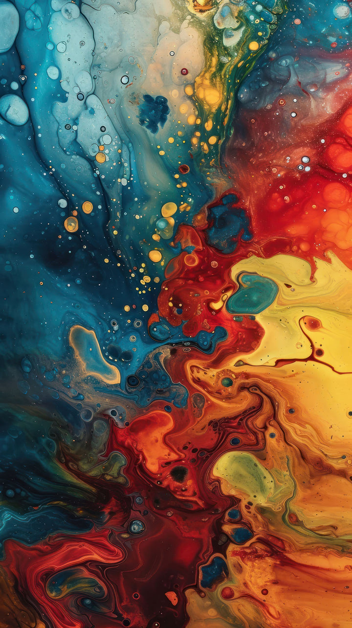 Wadi Home abstract fluid art canvas print with blue, red, and yellow swirls hanging above a modern grey sofa.
