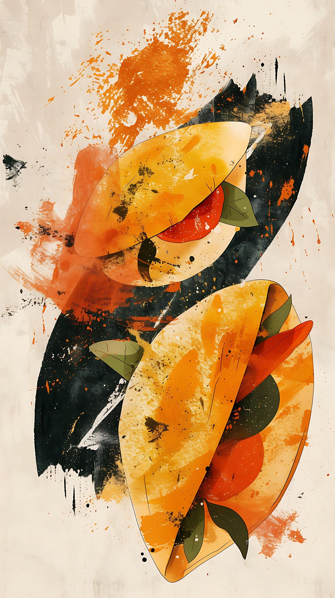 Wadi Home abstract taco illustration wall art with orange and black brushstrokes hanging above a modern sofa