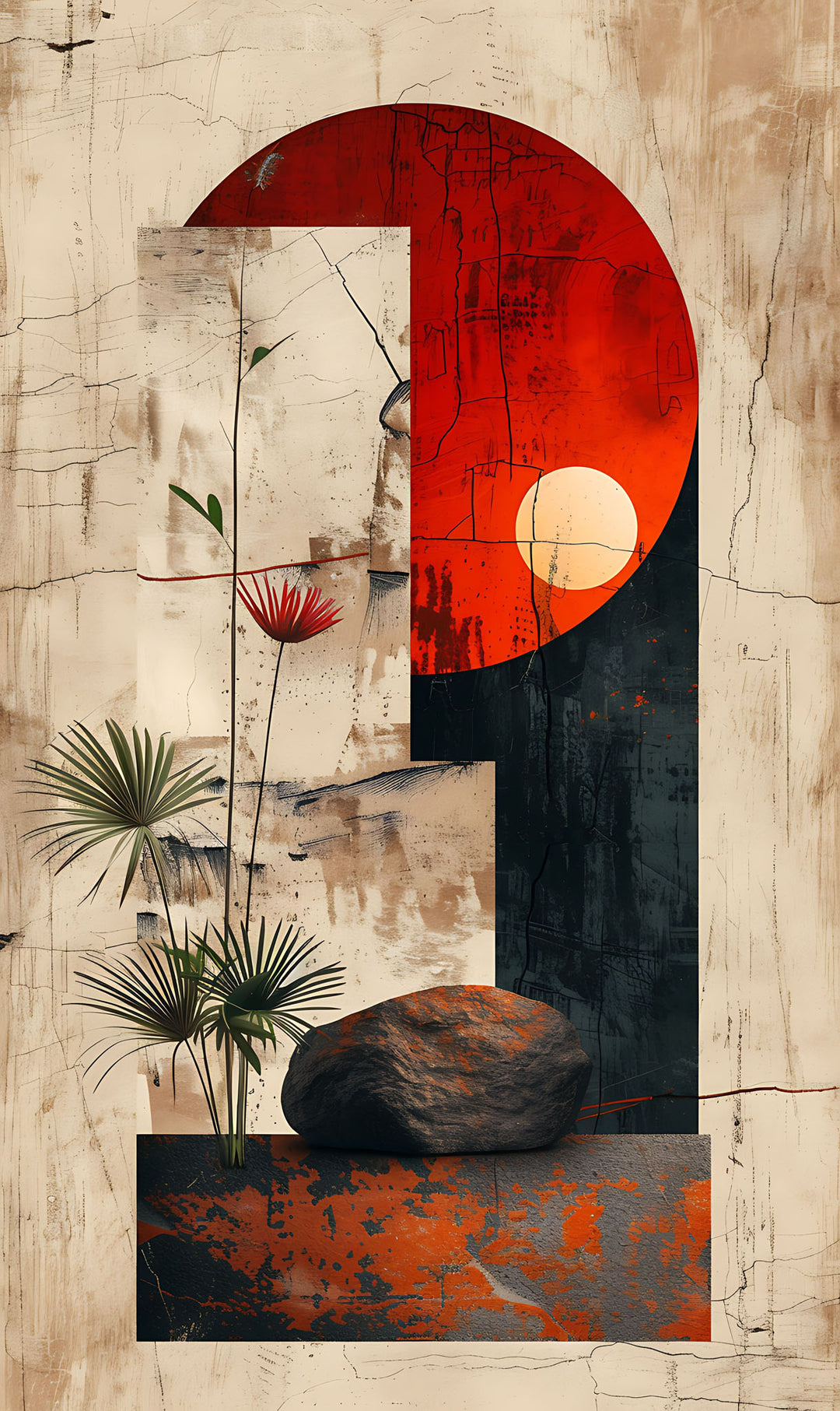 Wadi Home abstract geometric wall art with a bold red sun motif and botanical accents hanging above a grey sofa.