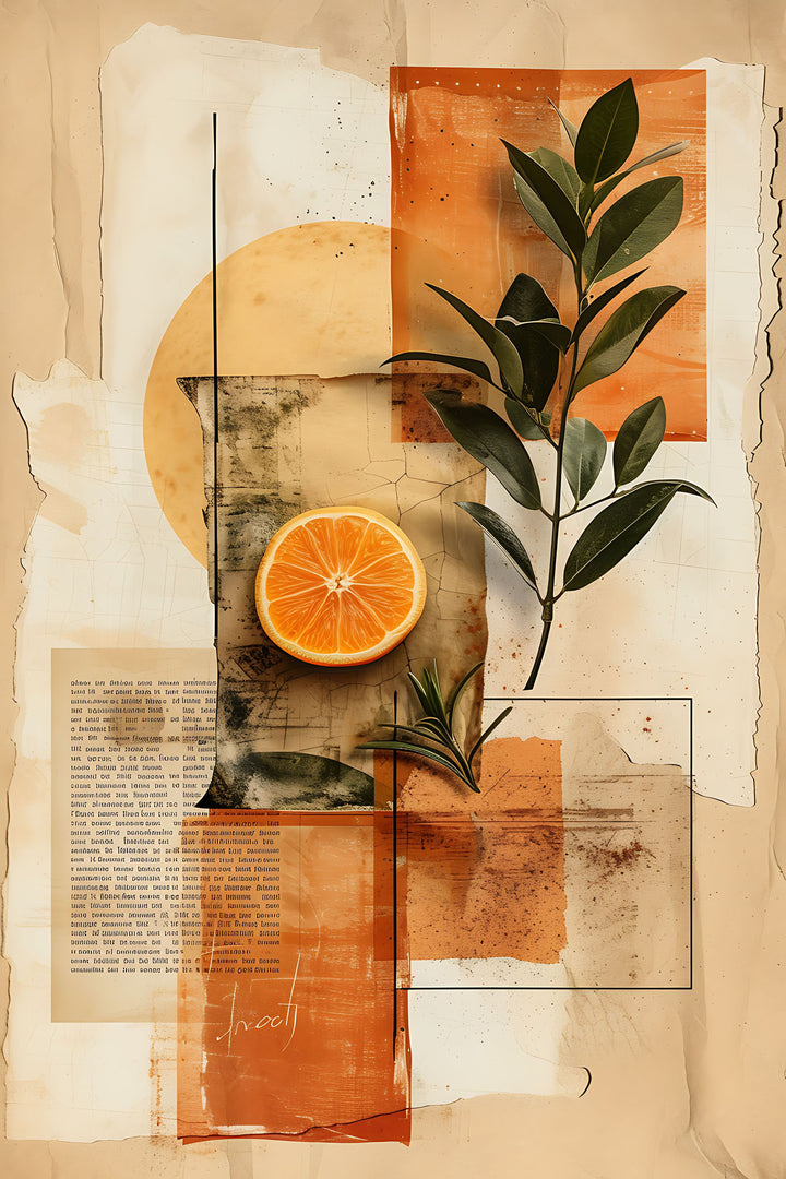 Wadi Home abstract botanical collage wall art featuring citrus and foliage in burnt orange and cream on a grey wall.