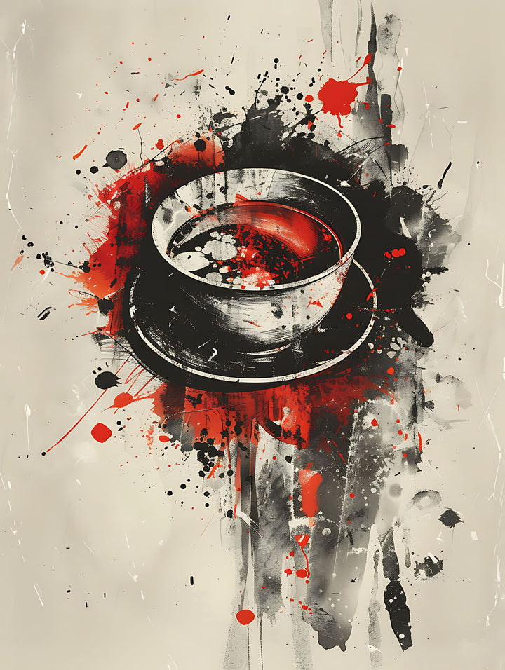 Wadi Home abstract coffee cup framed wall art print with black, red, and cream splatter paint design above a sofa.