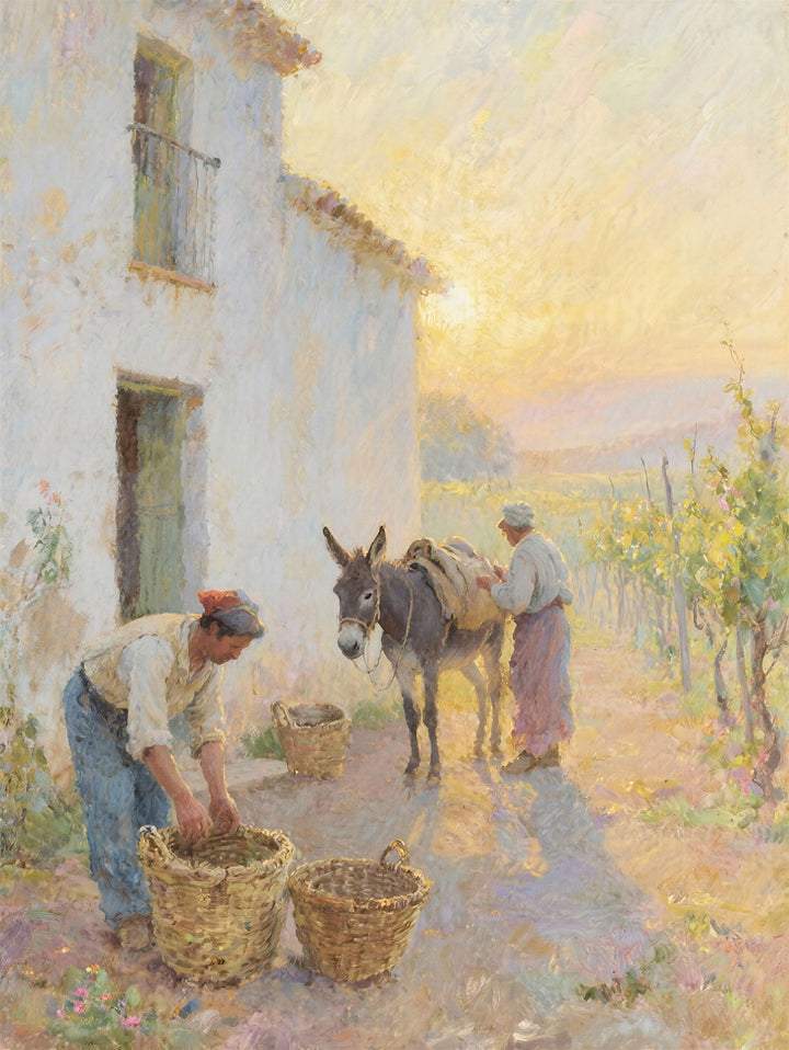 Wadi Home rustic farm life framed wall art print featuring an impressionistic sun-drenched rural scene above a sofa.