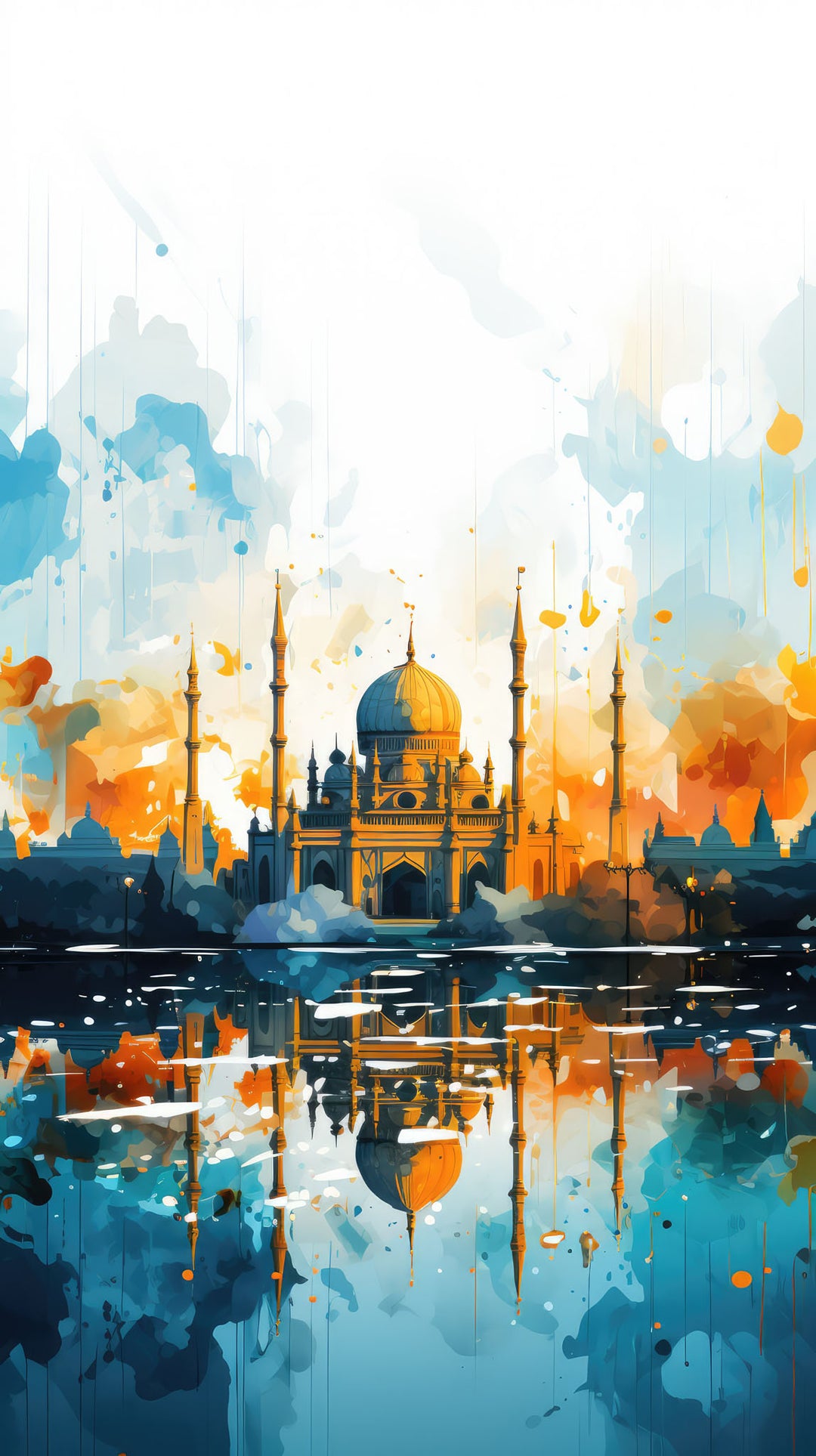 Wadi Home abstract mosque architectural wall art print with blue and orange tones hanging above a modern grey sofa.