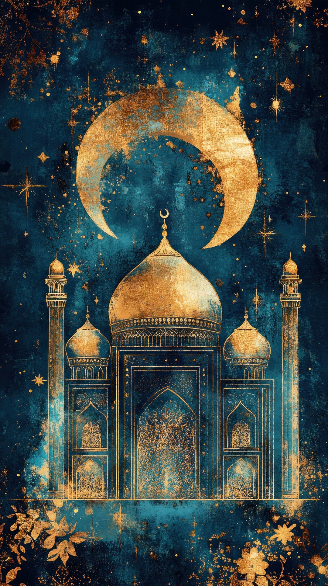 Wadi Home celestial mosque wall art print featuring a golden silhouette and crescent moon on a midnight blue background.