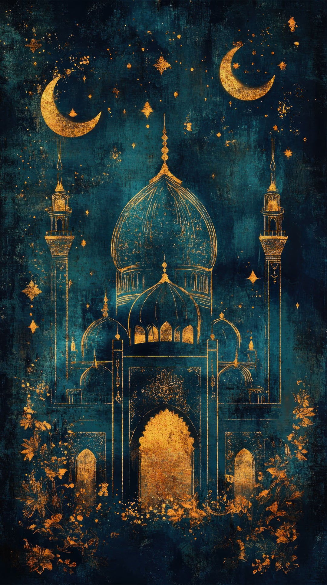Wadi Home decorative mosque wall art print with golden architectural details on a moody midnight blue background.