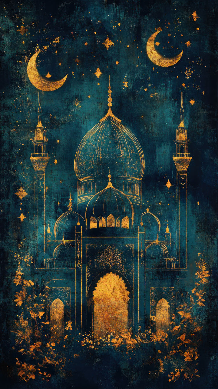 Wadi Home decorative mosque wall art print with golden architectural details on a moody midnight blue background.