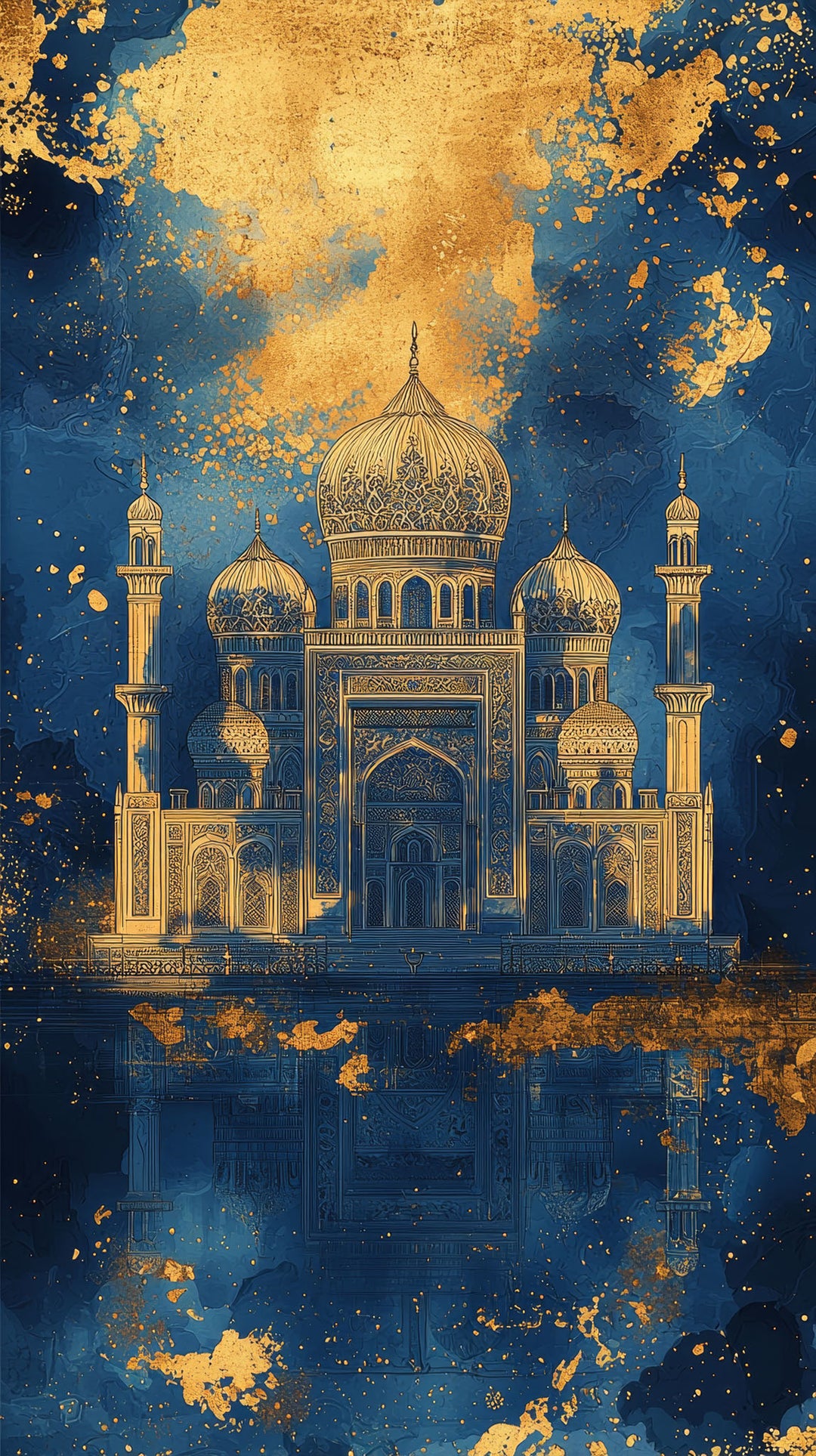 Wadi Home ornate palace wall art print with shimmering gold architectural details on a moody navy blue background.