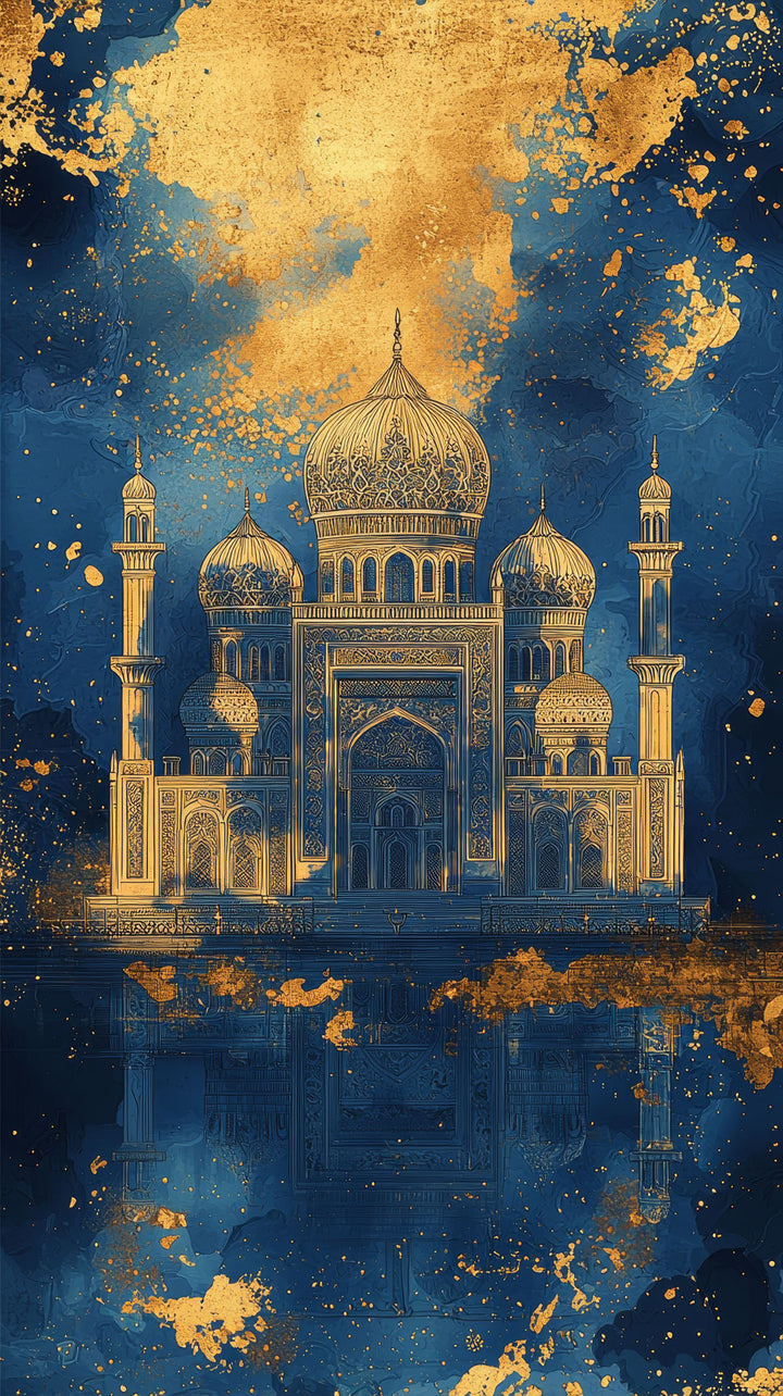Wadi Home ornate palace wall art print with shimmering gold architectural details on a moody navy blue background.