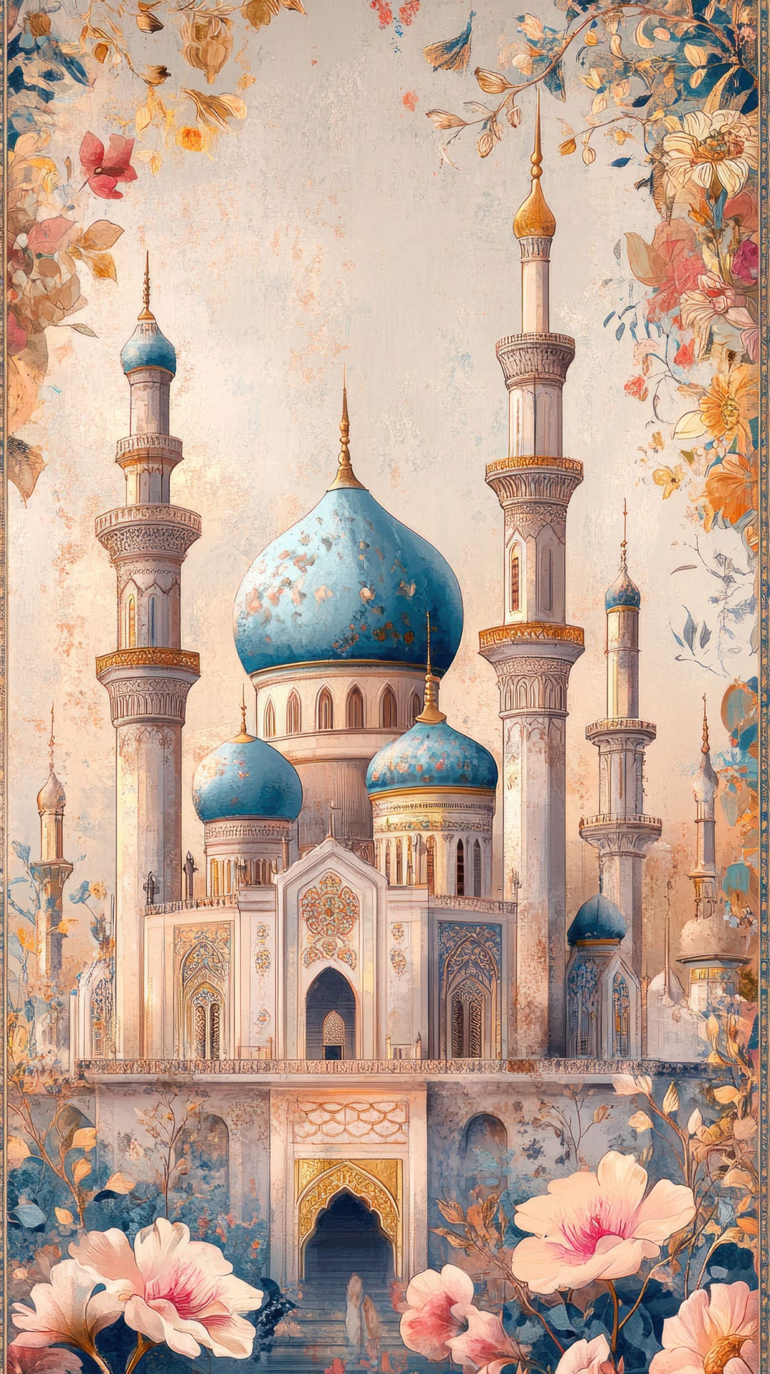 Wadi Home ornate mosque architectural wall art print with blue domes and floral accents hanging above a modern sofa.