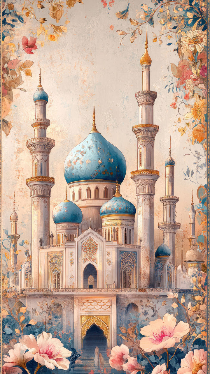 Wadi Home ornate mosque architectural wall art print with blue domes and floral accents hanging above a modern sofa.