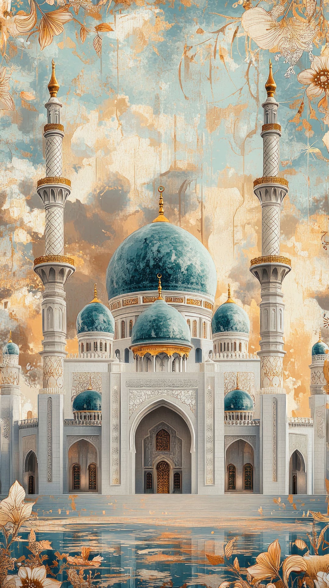 Wadi Home Grand Mosque wall art print with turquoise domes and gold accents hanging above a modern grey sofa.