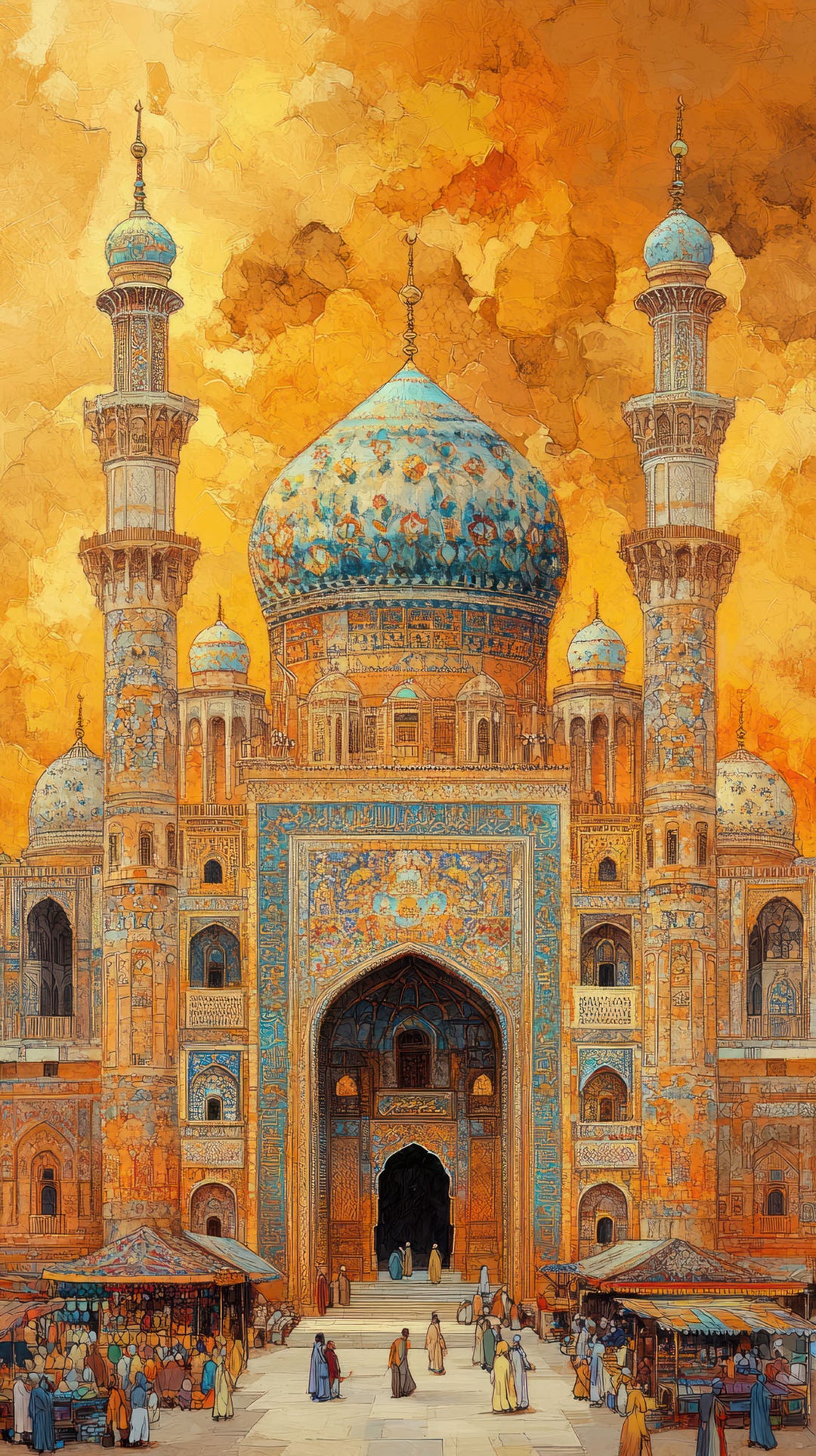 Wadi Home framed wall art featuring traditional mosque architecture with blue tile details and a warm golden sky.
