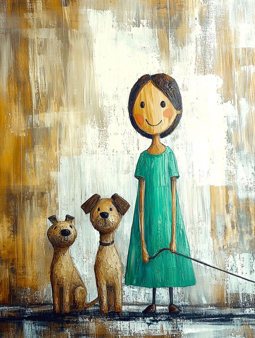Wadi Home framed wall art featuring a whimsical girl and two dogs in teal and earthy tones above a modern sofa.