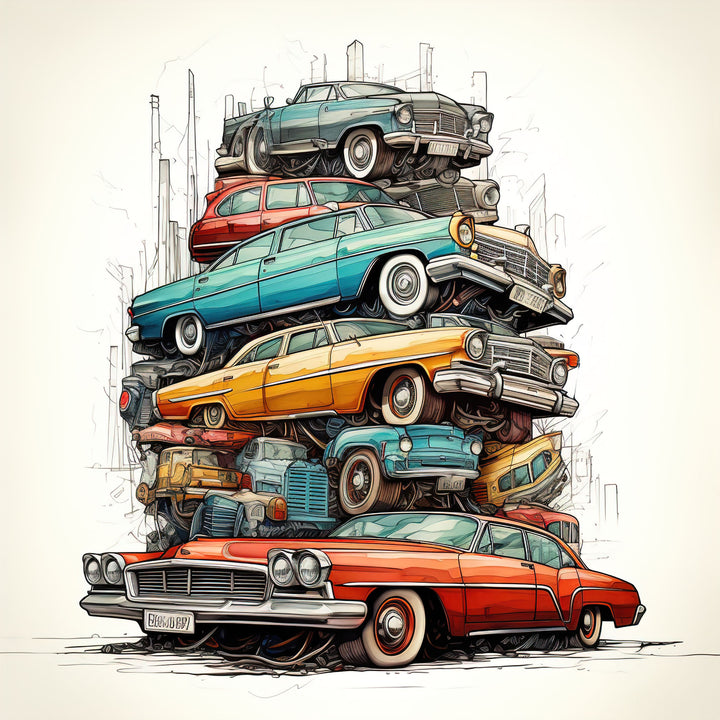 Wadi Home stacked vintage automobile wall art print featuring a colorful sketch of classic cars above a grey sofa.