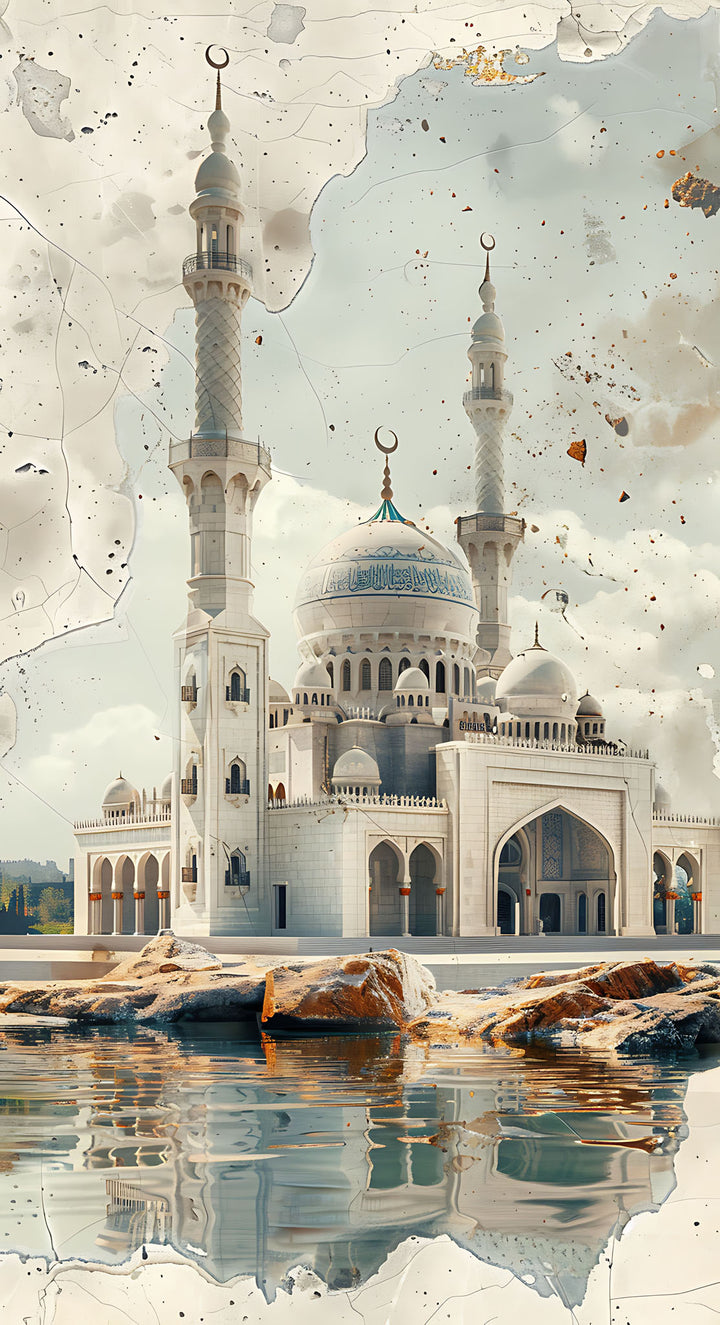 Wadi Home Grand Mosque architectural wall art print featuring intricate domes and minarets above a reflective water pool