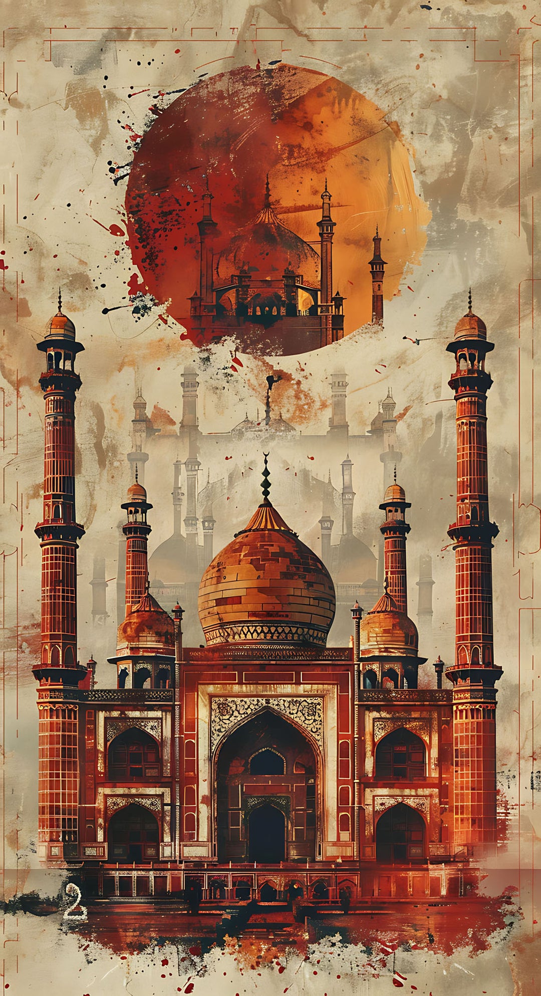 Wadi Home architectural mosque wall art print featuring ochre and terracotta watercolor details above a modern sofa.