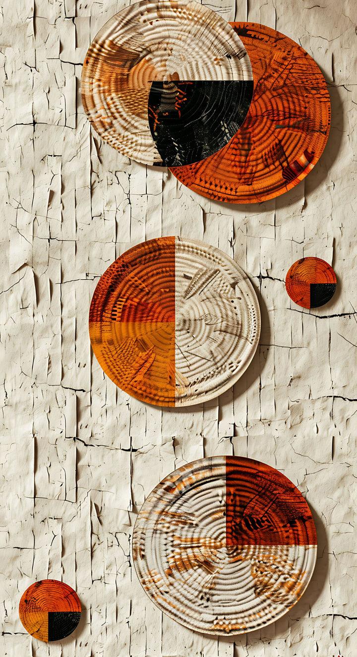 Wadi Home abstract textured wall art featuring woven circular elements on a cracked plaster background in earthy tones.