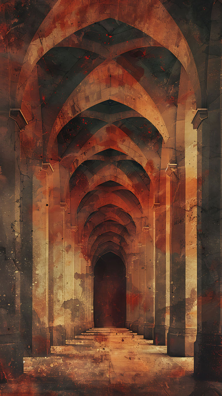 Wadi Home framed wall art featuring a perspective-rich architectural hallway in burnt orange and charcoal tones.