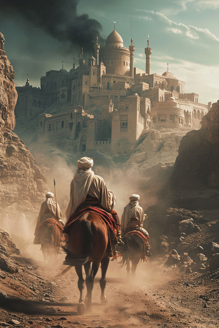 Wadi Home framed wall art featuring desert travelers on horseback approaching an ancient city citadel.