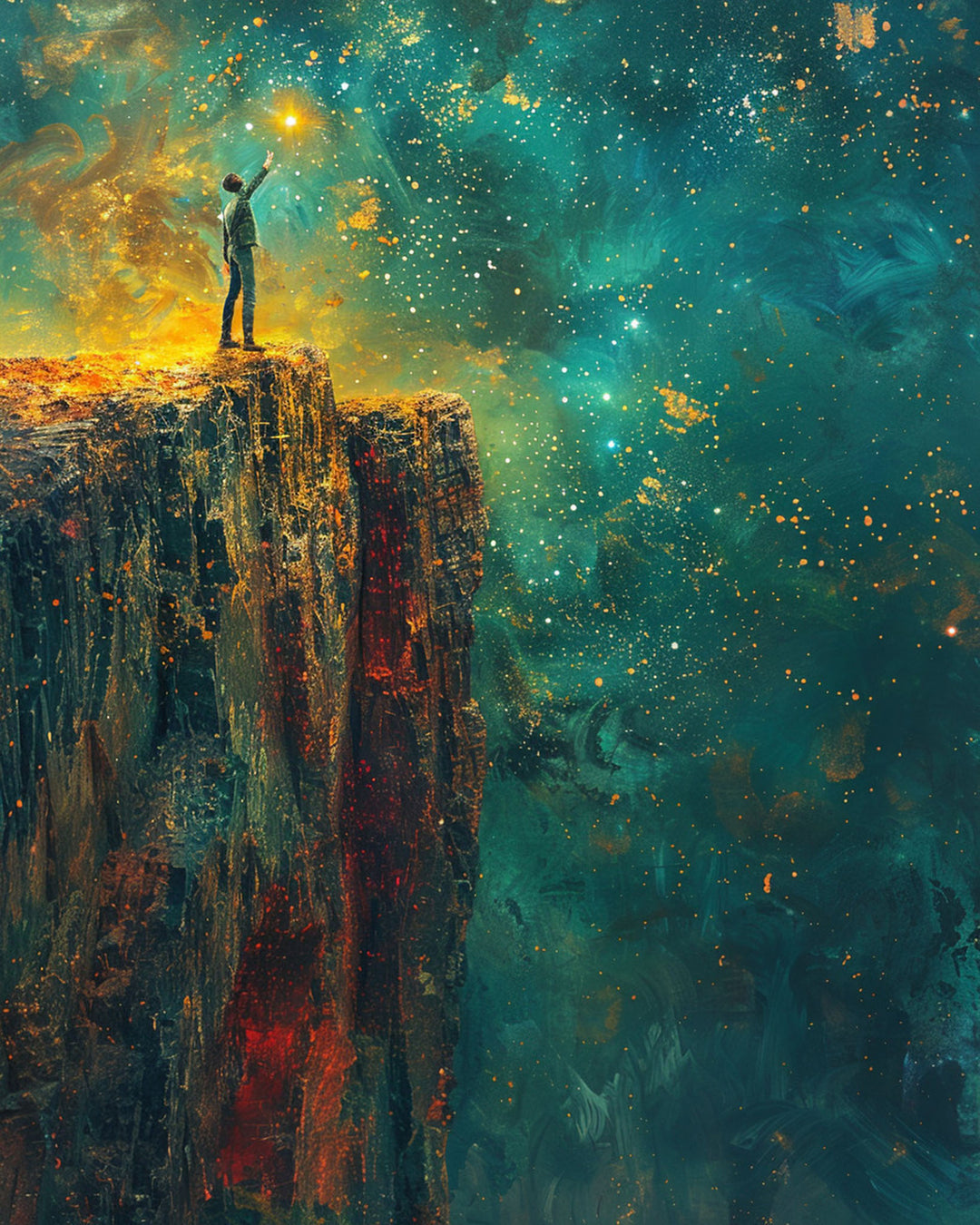 Wadi Home abstract celestial cliffside wall art print featuring a figure on a cliff against a teal and amber nebula.