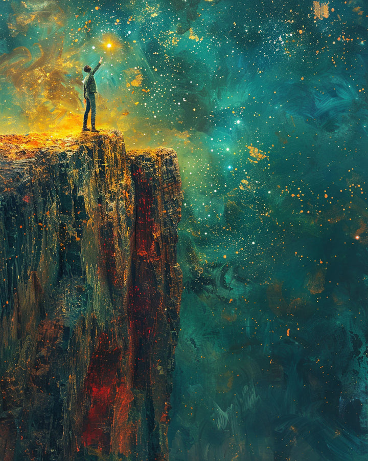 Wadi Home abstract celestial cliffside wall art print featuring a figure on a cliff against a teal and amber nebula.