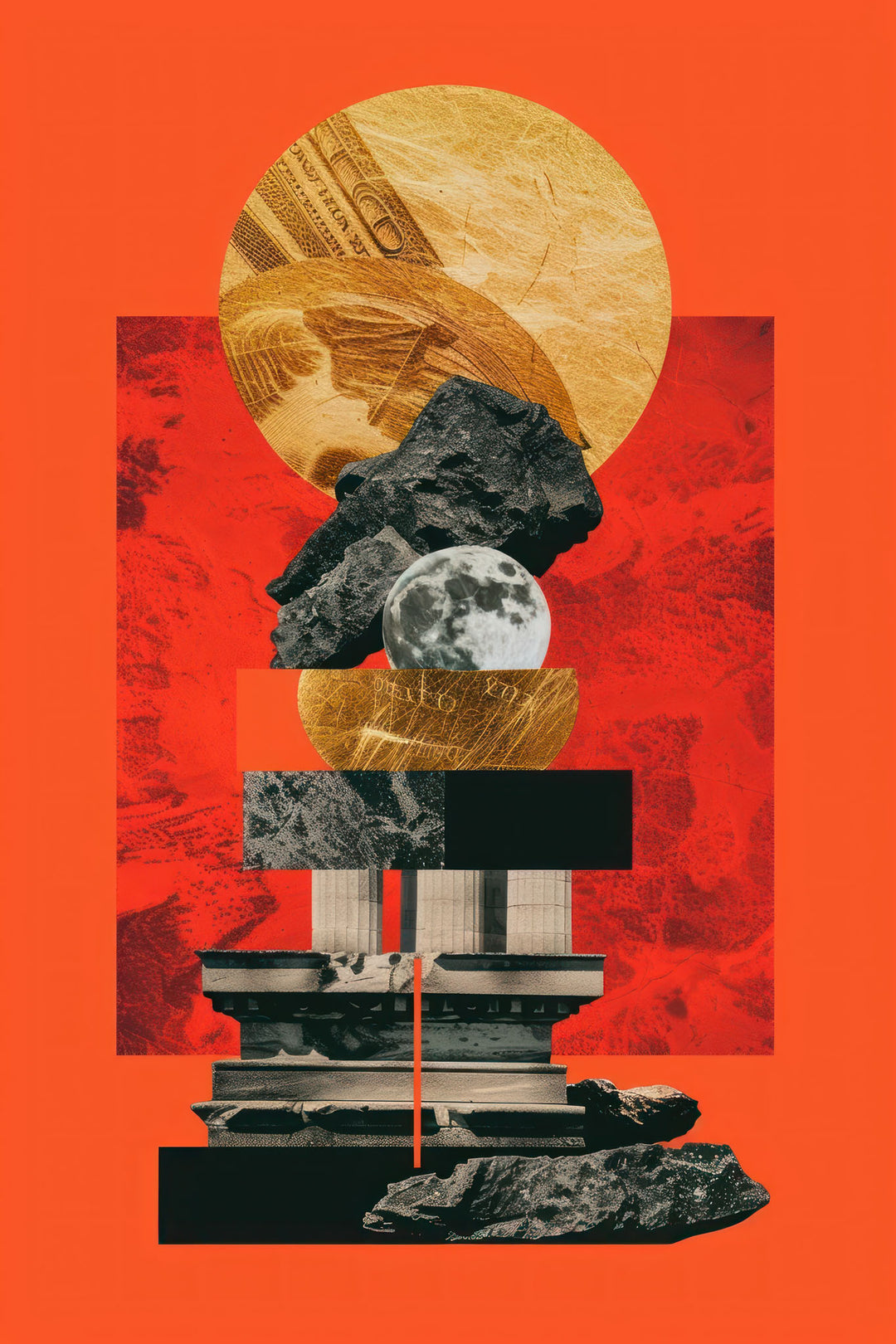 Wadi Home abstract geometric collage wall art print with orange background hanging above a modern grey sofa.