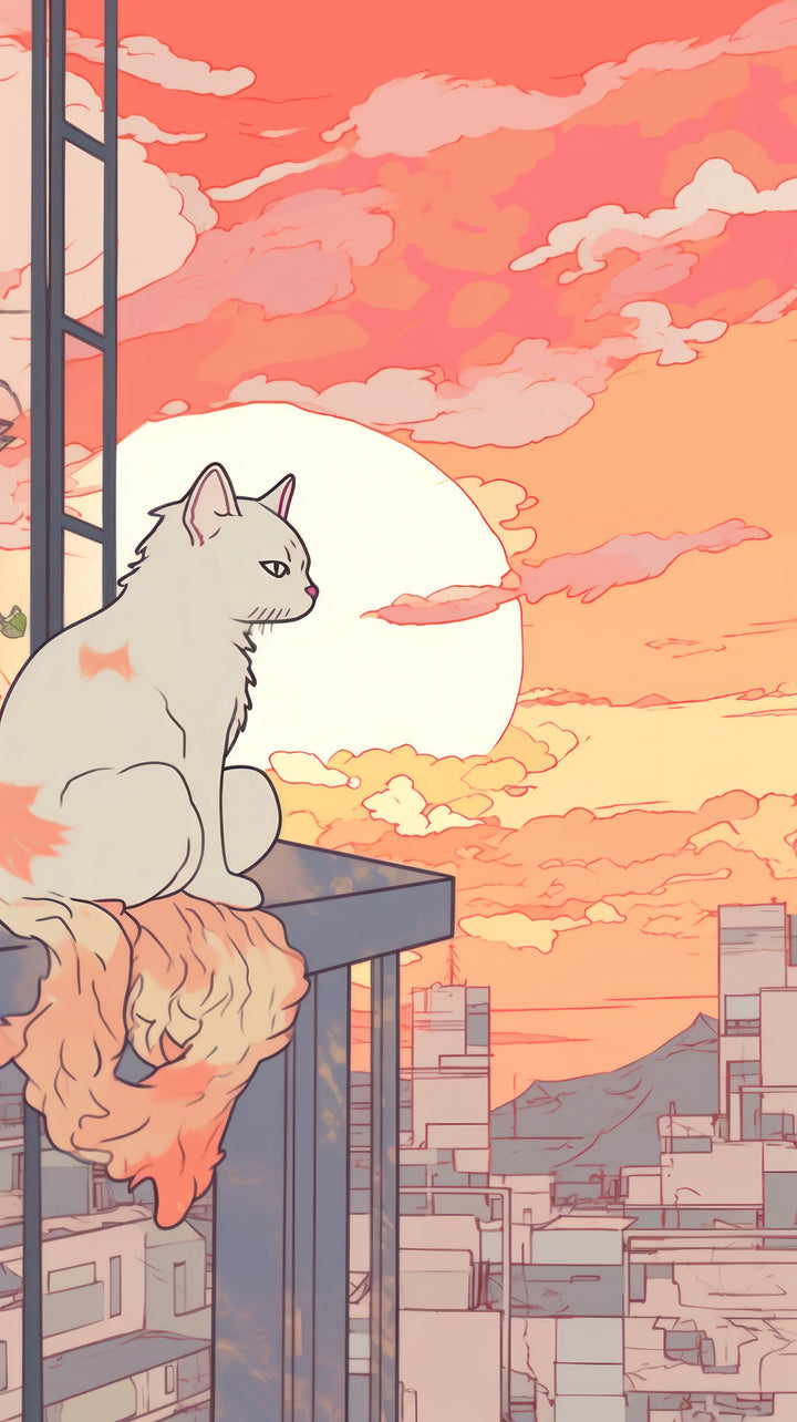 Wadi Home framed wall art print featuring a white cat sitting on a rooftop overlooking a sunset cityscape.