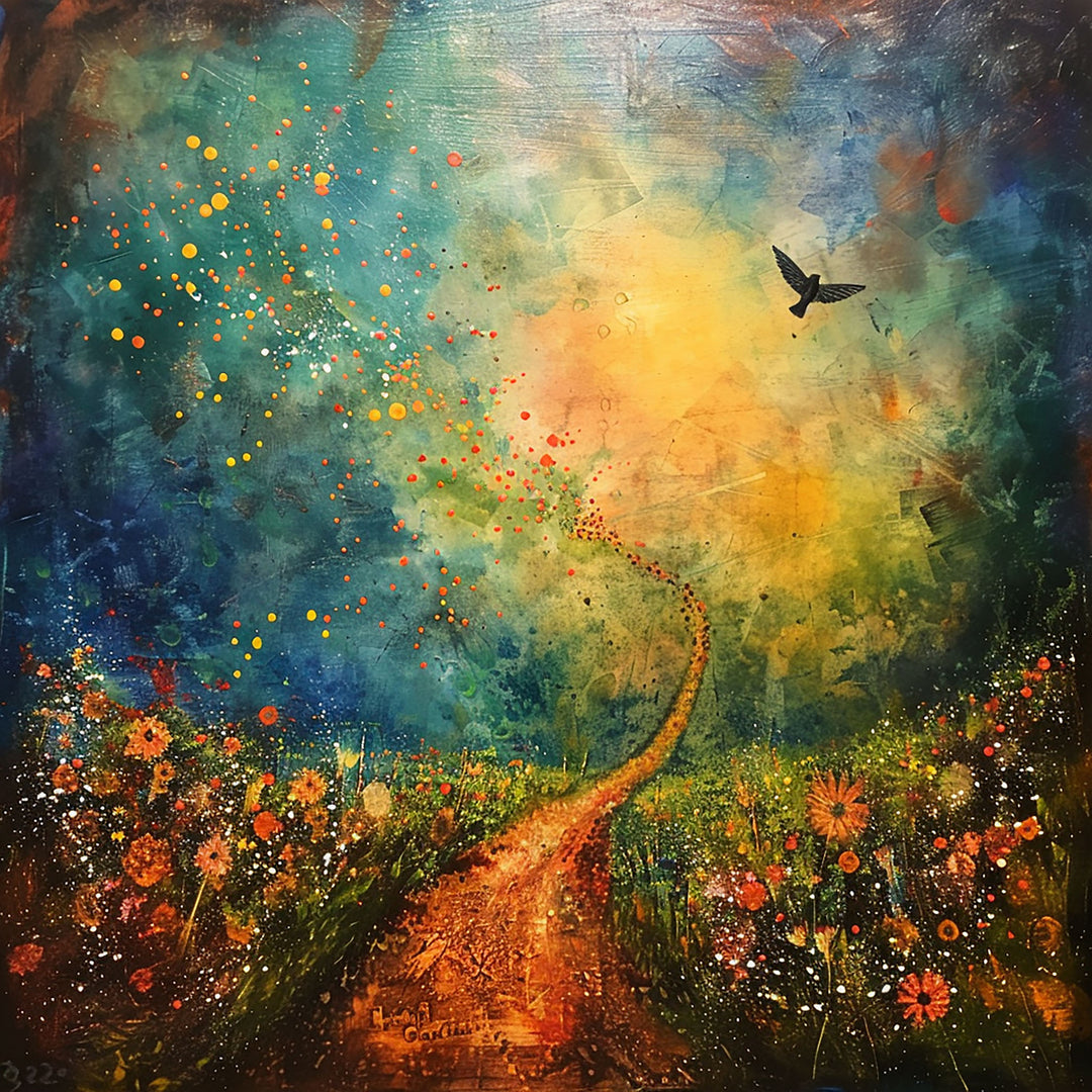 Wadi Home abstract landscape wall art featuring a textured meadow, golden horizon, and bird in a modern living room.