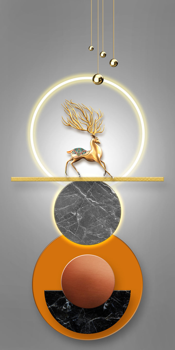 Wadi Home abstract geometric deer wall art with gold silhouette, marble spheres, and orange accents in a modern living room
