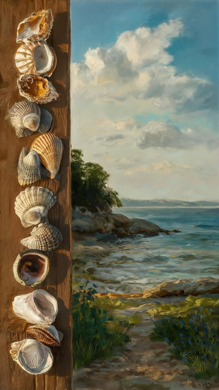 Wadi Home coastal landscape wall art featuring a vertical seashell arrangement on wood next to a tranquil beach painting.