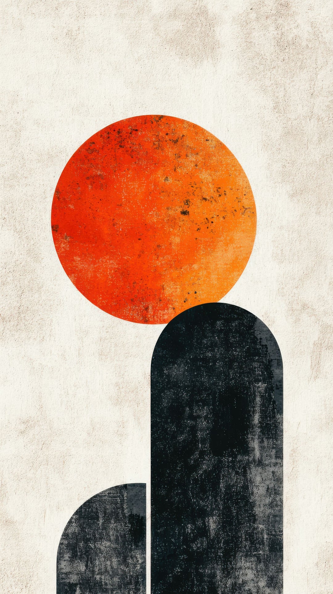 Wadi Home abstract geometric wall art featuring a textured orange sun over charcoal arches in a modern living room.