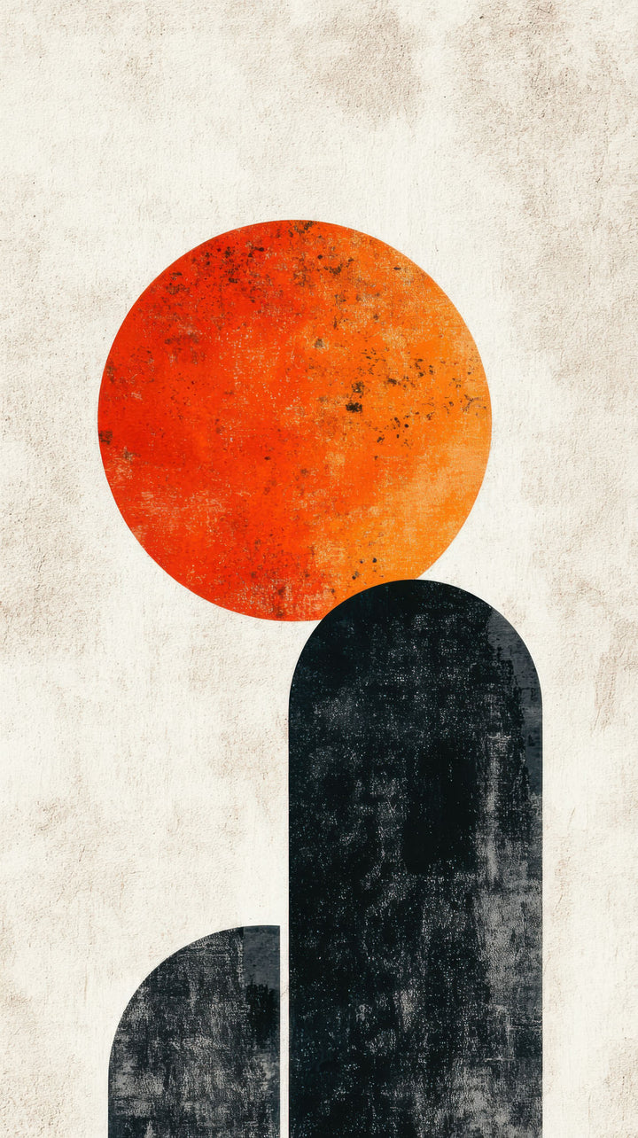 Wadi Home abstract geometric wall art featuring a textured orange sun over charcoal arches in a modern living room.