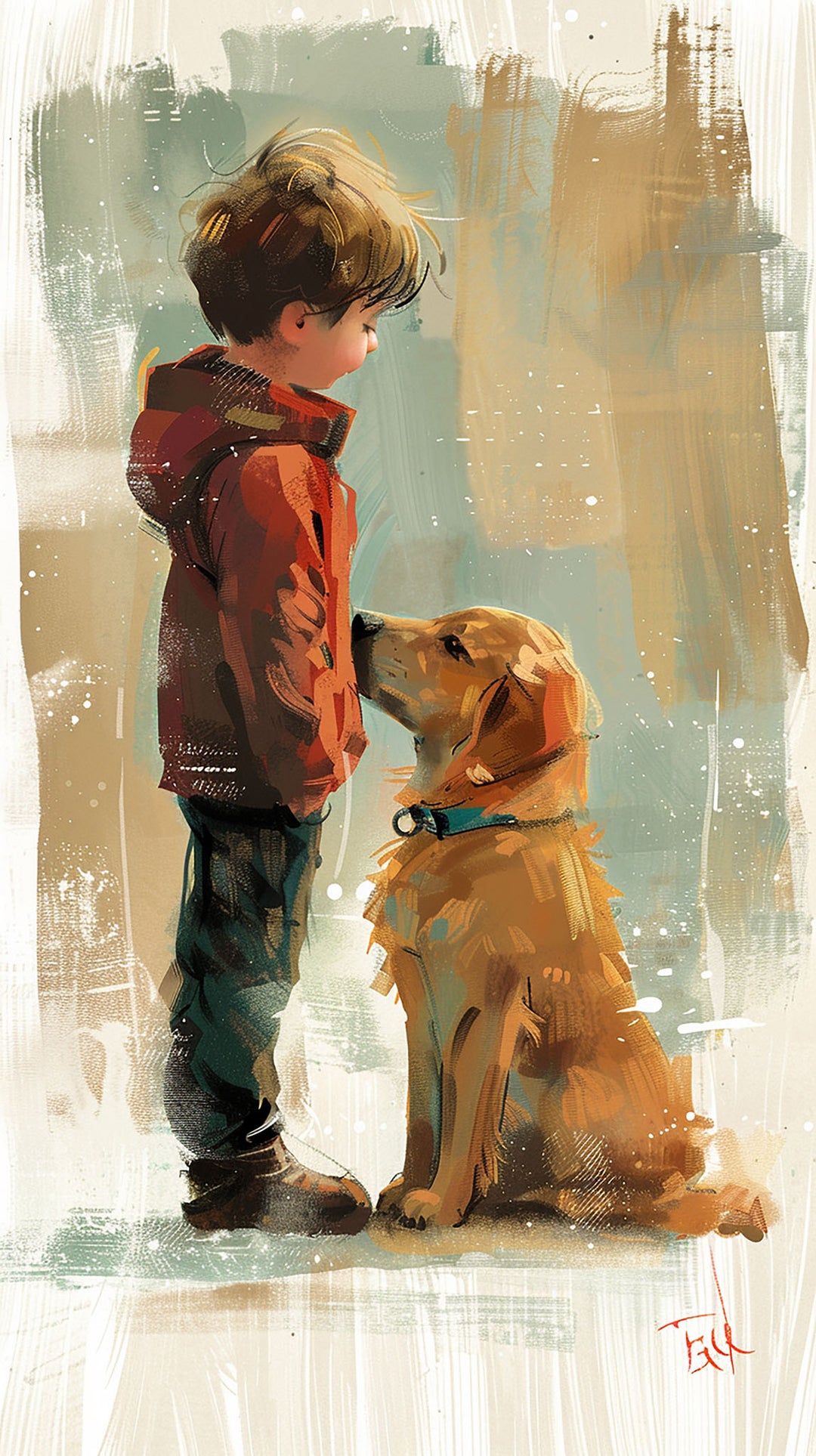 Wadi Home impressionist wall art print featuring a boy and his golden dog in a cozy living room setting.