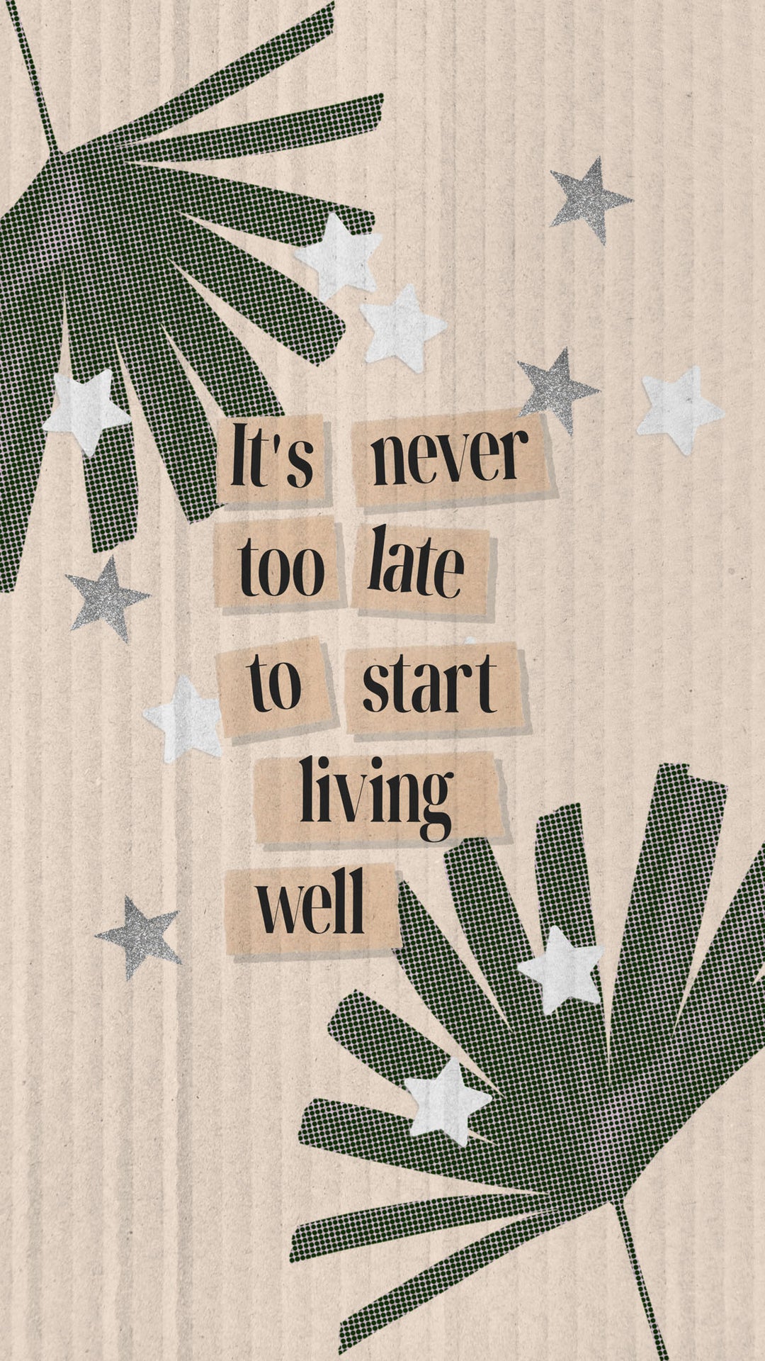 Wadi Home framed wall art with botanical leaves, stars, and the quote It's never too late to start living well.