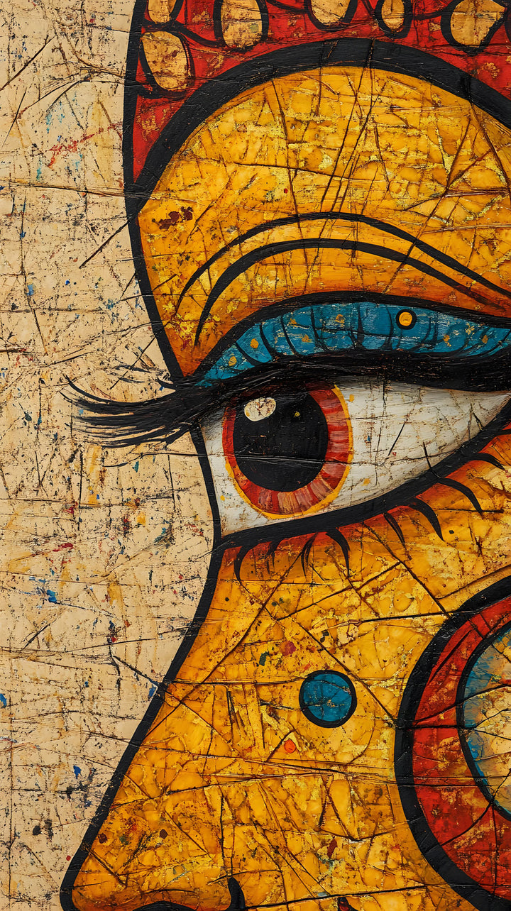 Wadi Home abstract artistic framed wall art featuring a vibrant close-up eye design with textured yellow and red tones.