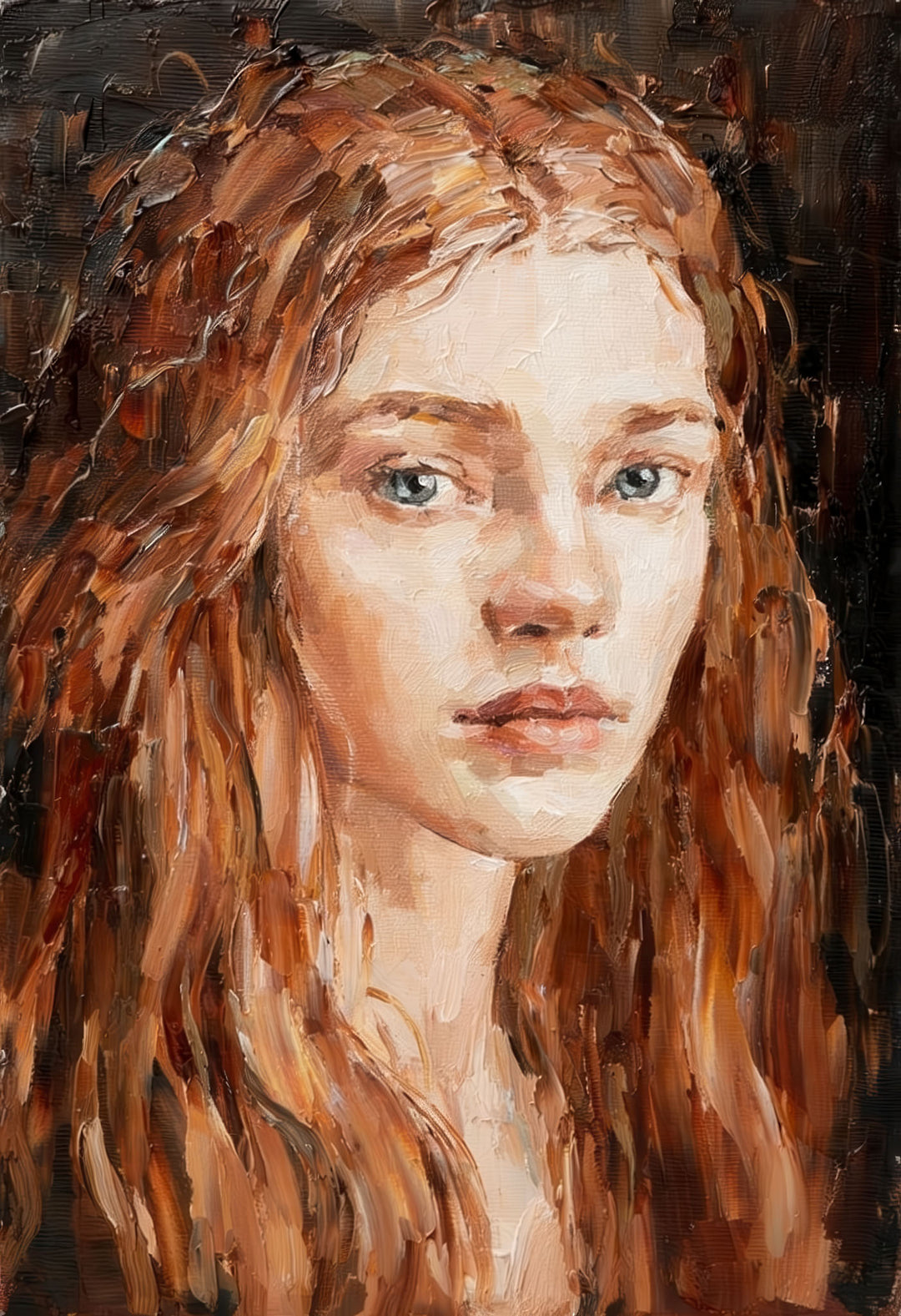 Wadi Home impressionist oil painting of a woman with red hair and textured impasto brushstrokes on a dark background.