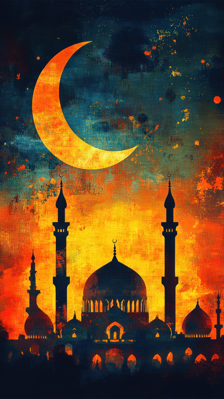 Wadi Home mosque wall art print featuring a crescent moon silhouette over a vibrant sunset sky in a modern living room