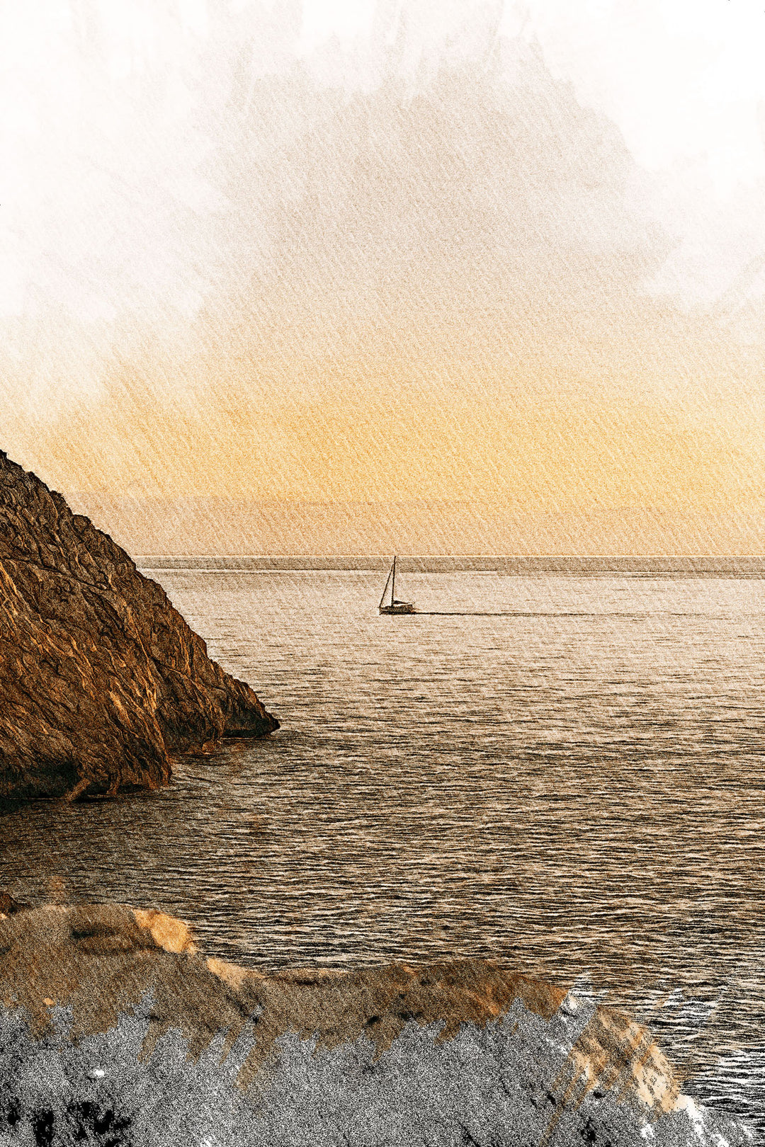 Wadi Home coastal sailboat landscape framed wall art featuring a golden sunset over a rugged shoreline in a living room.