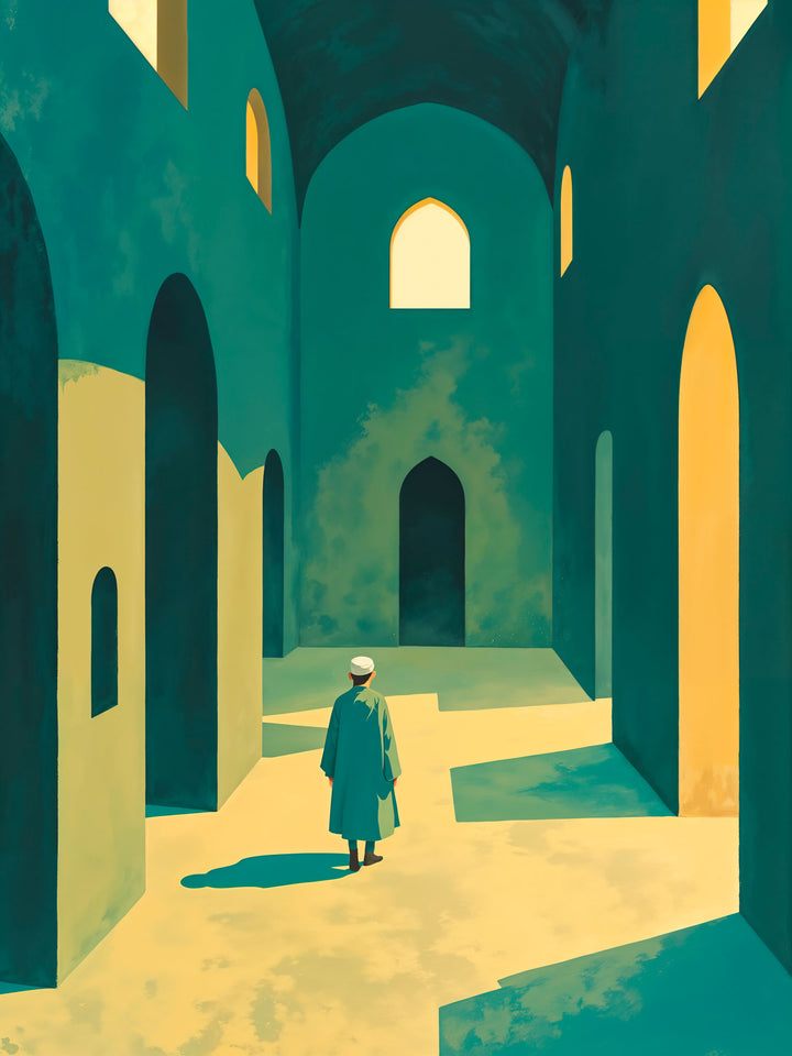 Wadi Home architectural wall art print featuring a figure in arched corridors with teal and ochre tones above a sofa.