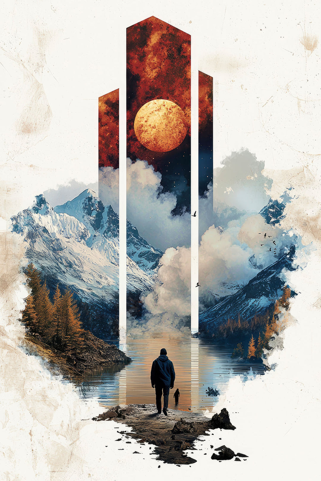 Wadi Home surreal landscape wall art print featuring a traveler by a mountain lake under a cosmic sky in a living room