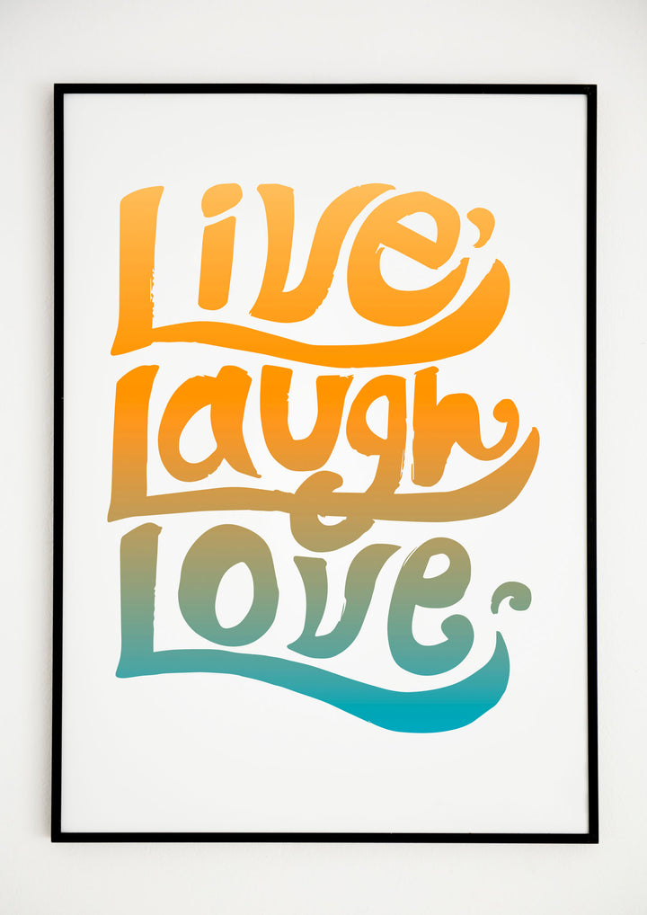 Wadi Home framed wall art with retro groovy Live Laugh Love typography in orange, yellow, and teal gradient colors.