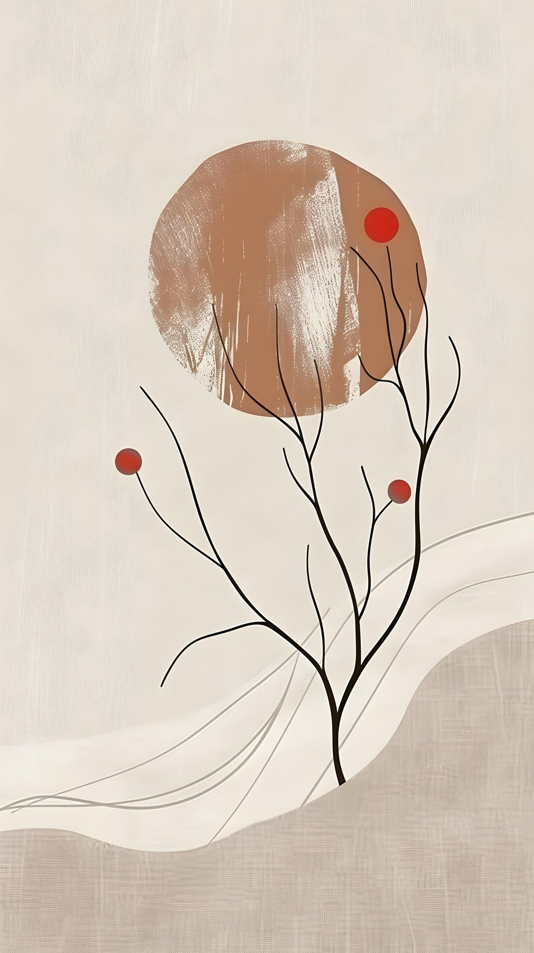 Wadi Home abstract minimalist wall art print with terracotta, beige, and red organic shapes above a modern grey sofa.