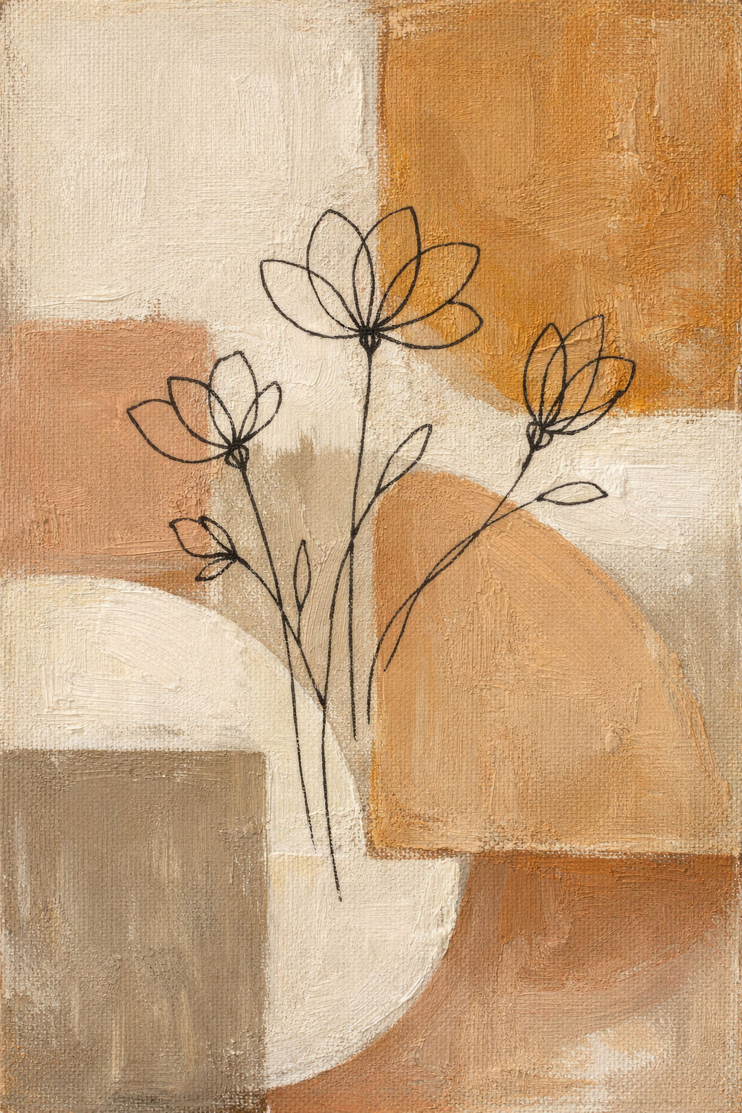 Wadi Home abstract floral canvas print with minimalist line art in terracotta and beige tones above a modern sofa.