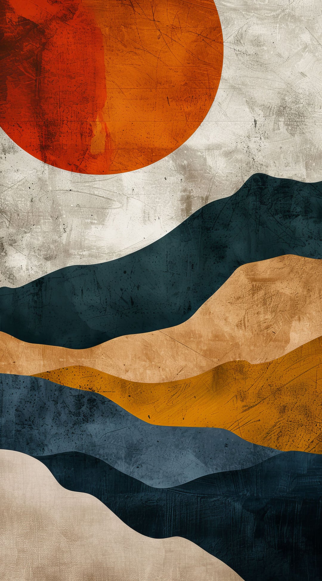 Wadi Home abstract landscape wall art print featuring navy, ochre, and burnt orange sun above a modern grey sofa.