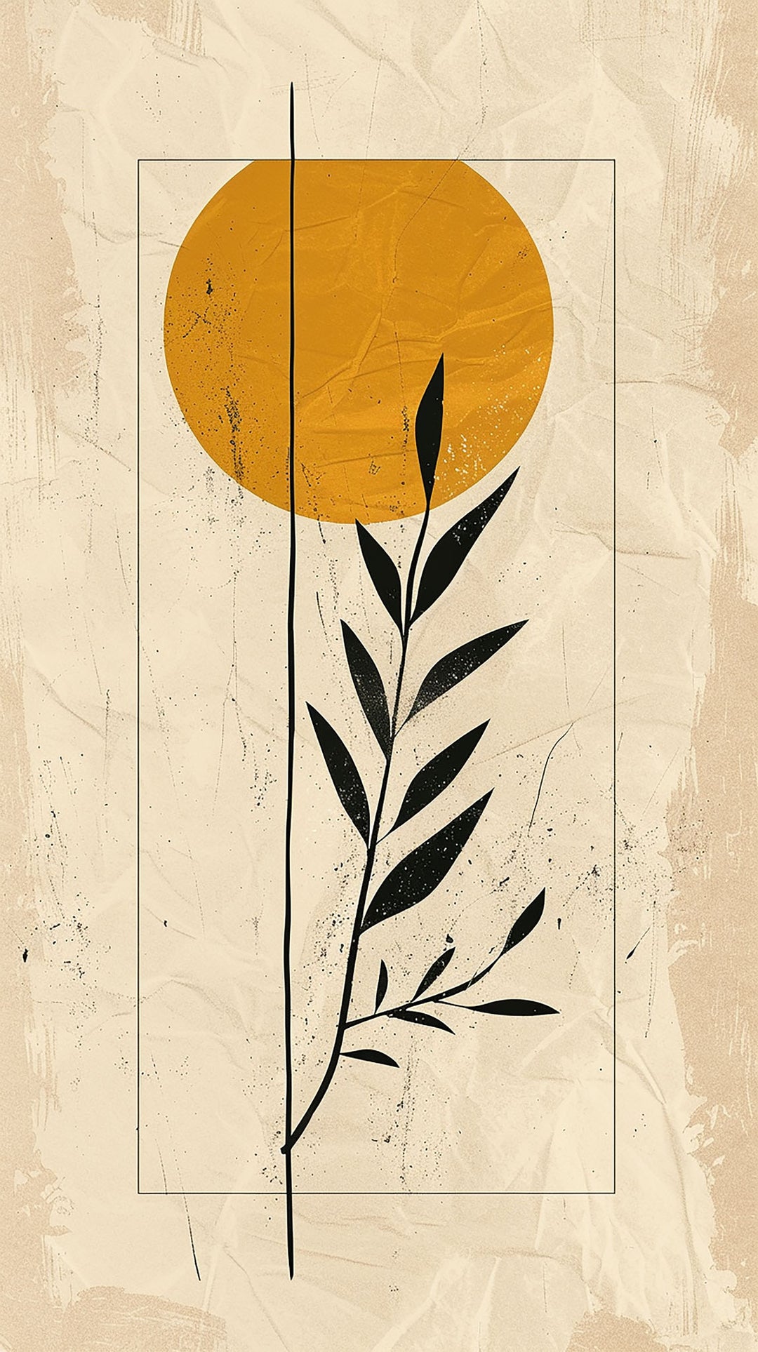 Wadi Home abstract botanical framed print with a mustard yellow sun and black foliage on a textured neutral background.