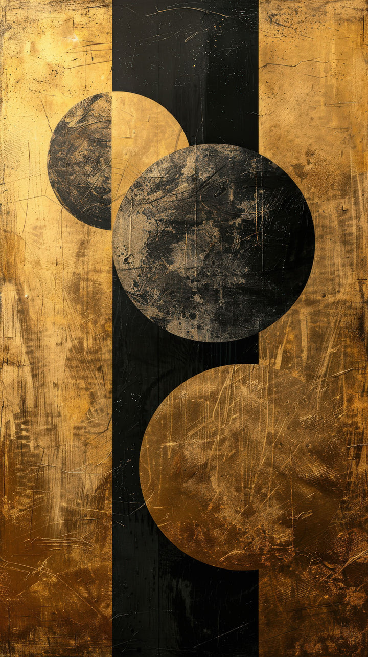 Wadi Home abstract geometric canvas art with black and metallic gold circles hanging above a modern grey sofa.