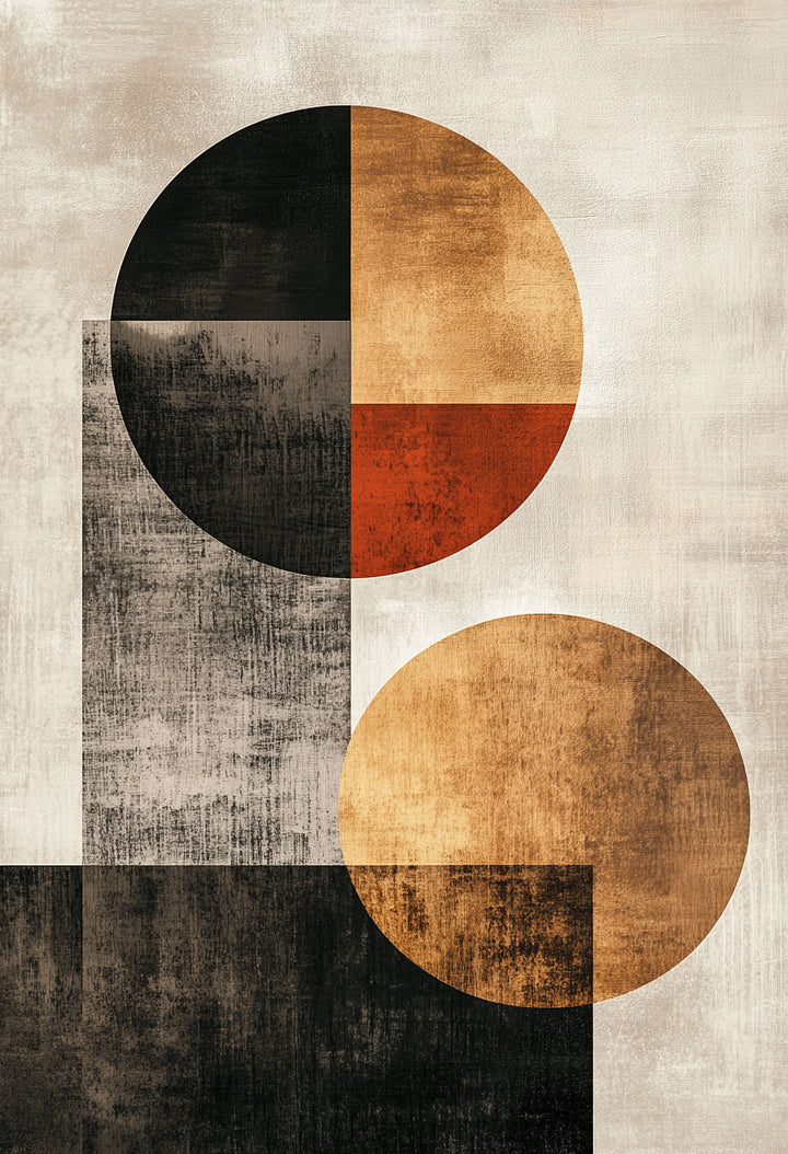Wadi Home abstract geometric wall art print with black, ochre, and orange circles hanging above a grey sofa.
